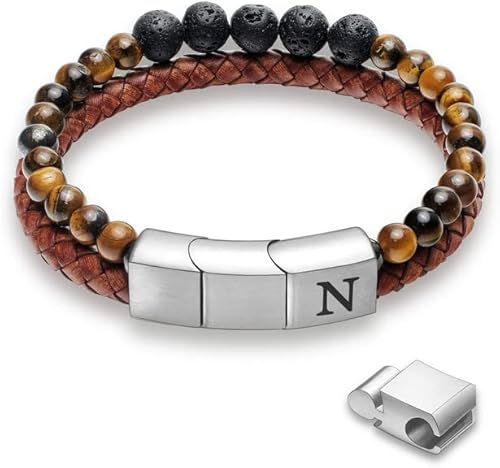 Mesurely Leather Bracelet for men Initial Double-Row Braided Leather Bracelet Bangle Wristband with Stainless Steel Magnetic Buckle