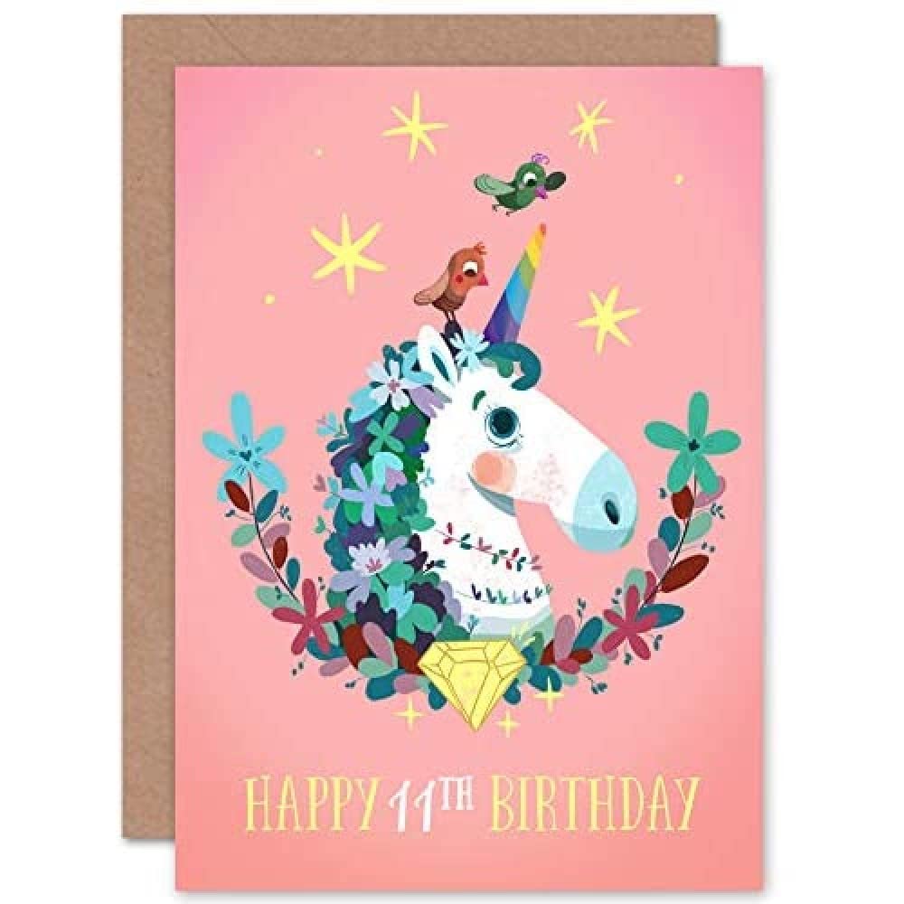 Wee Blue Coo Unicorn Flowers Birthday 11th Greetings Card