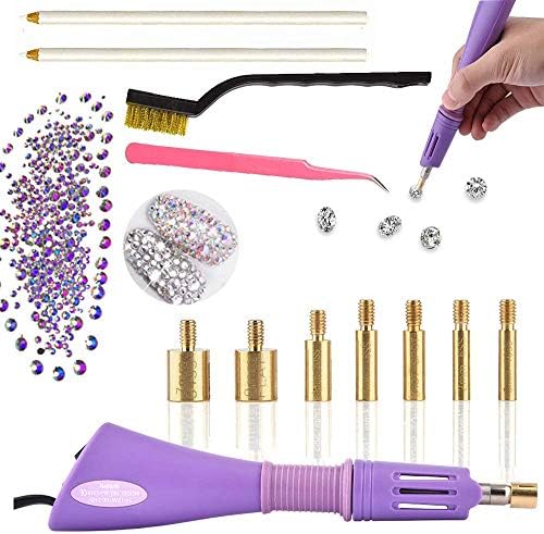 Hotfix Applicator Rhinestone Setter Kit Rhinestone Setter Hotfix Applicator Tool Include 7 Different Sizes Tips, Tweezers, Cleaning Brush, 2 Pencils and Rhinestone Crystal Embellishments