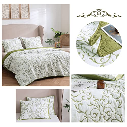 Mixinni Reversible 3-Piece Green Embroidery Pattern Elegant Quilt Set With Embroidered Decorative Shams Soft Bedspread&Coverlet Set-King Size #TOP2