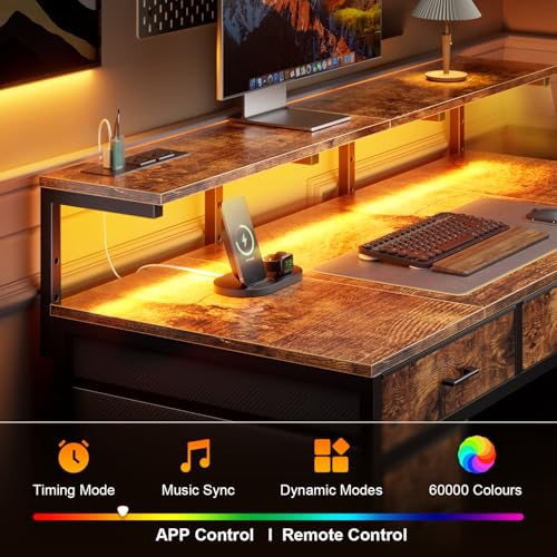 HLDIRECT 47 inch Computer Desk with 8 Storage Drawers, Gaming Desk with LED Lights & USB Power Outlets, Home Office Table with Monitor Stand, Study Writing Work Table for Bedroom, Rustic Brown - Image 5