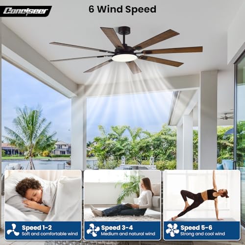Image of 72 Inch Ceiling Fans with Lights and Remote, Dual Color 8 Blades, Bedroom Living Room Office Library Cafe Outdoor Industrial, 3CCT Dimmable, 6 Speed Reversible Quiet DC Motor, Brown /Wood Grain