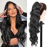 Vexwig Ponytail Extension Long Curly Wavy Claw Clip in Ponytail Hair Extensions Curly Pony Tail Natural Wavy Synthetic Hair piece for Women, (Natural Black 1B#)
