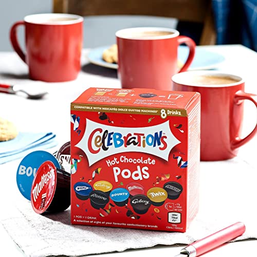 Celebrations Heiße Schokoladenpads, kompatibel mit Dolce Gusto - Twix, Mars, Bounty, Snickers, Galaxy, Malteser, Milky Way & Galaxy Caramel Capsules - 1 Box, 8 Capsules
