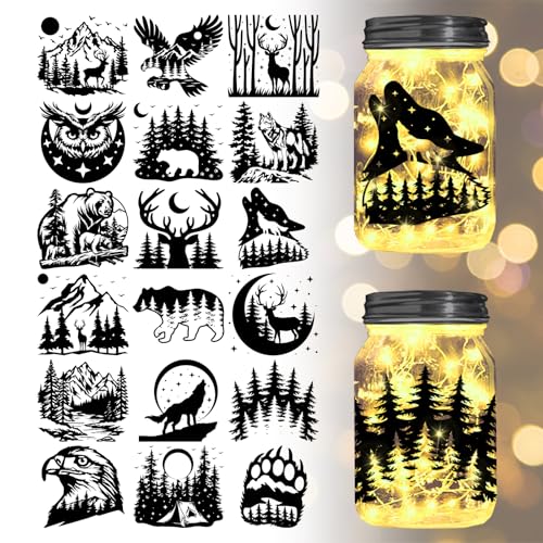 GLOBLELAND 18 Sheets Forest Transfer Stickers Animal Decals Stickers Wolf Deer Bear Eagle Rub on Transfer for Furniture Vase Glass Mason Jars Decorations Art Crafts