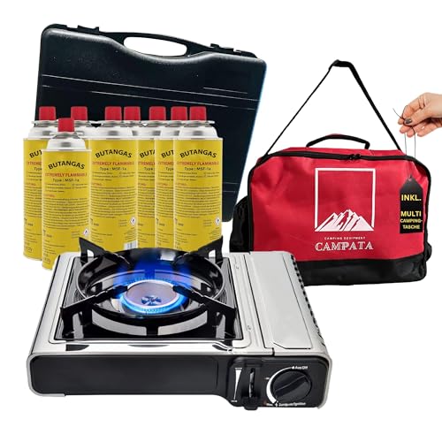 Preisvergleich Produktbild Campata Edelstahl tragbarer Gaskocher Campingkocher inkl. 8 Gaskartuschen + Tragekoffer + Multi Camping-Tasche, Pizozündung