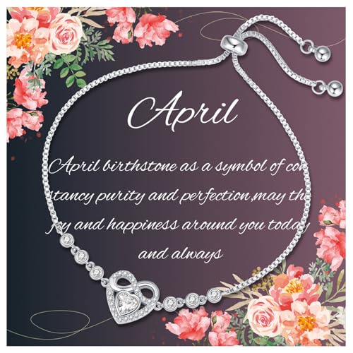 Birthstone Bracelets for Women Trendy: Infinity Heart Tennis Bracelet with April Cubic Zirconia, Adjustable Silver Bracelet Christmas Mother's Day Birthday Anniversary Jewelry Gifts for Women Wife Mom