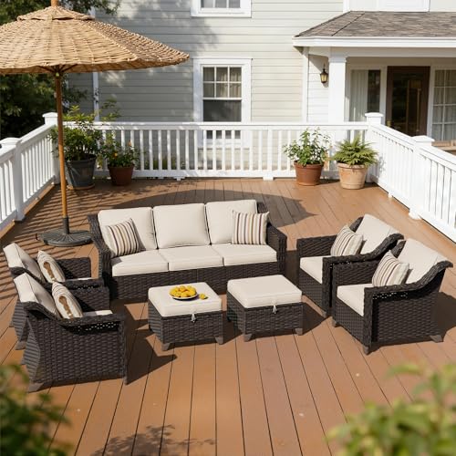 Image of 7 Piece Patio Furniture Set, Wicker Outdoor Conversation Set | Patio Chair Set with Olefin Removable Cushion, All-Weather Outdoor Couch with Deep Seat for Porch, Deck and Backyard, Beige