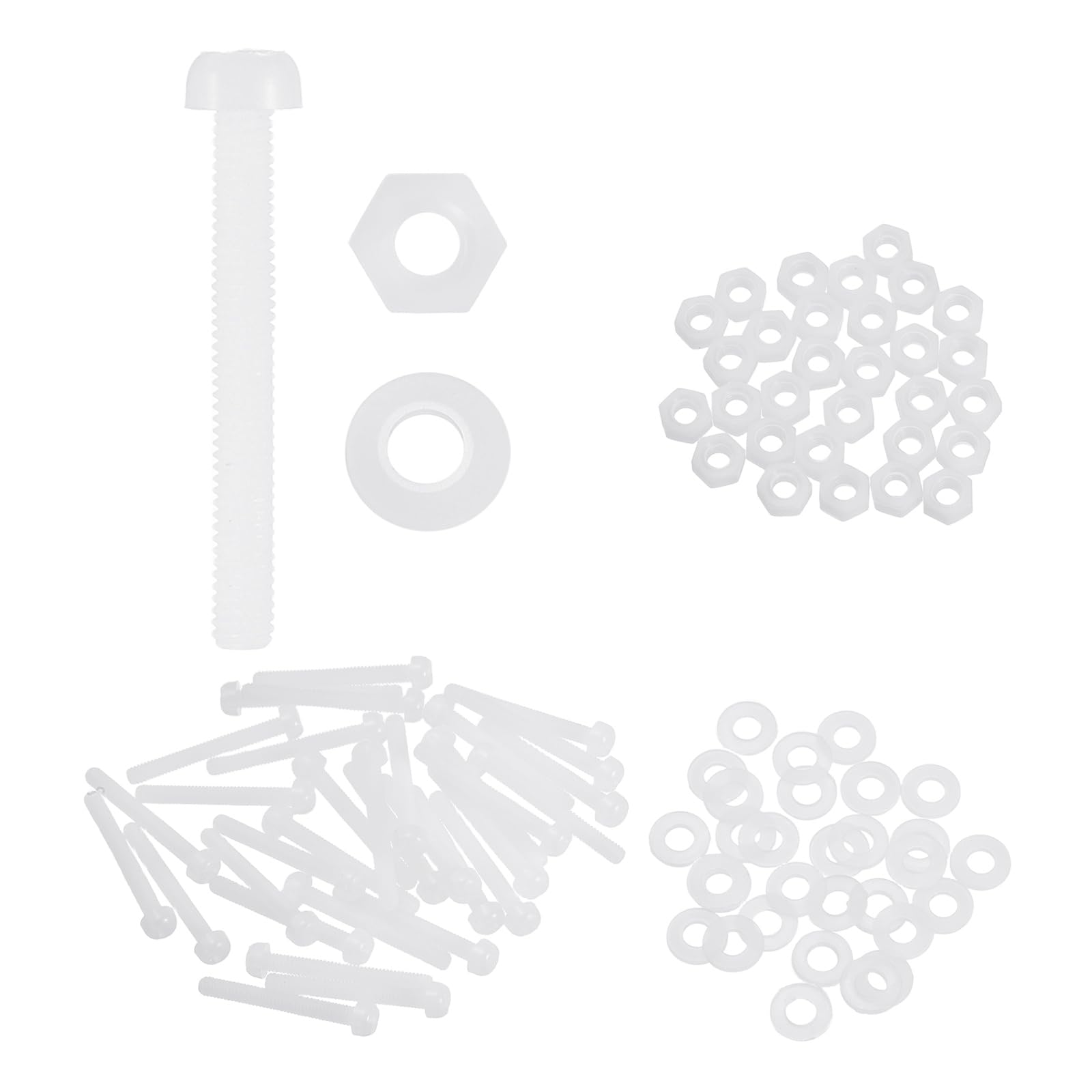 sourcing map 30 Set M2.5x20mm Nylon PA66 Plastic Cross Round Head Screw Phillips Bolts Hex Nuts Flat Washers Assortment Kit, Metric Full Thread Bolt Fasteners for DIY Machine Assembly, White