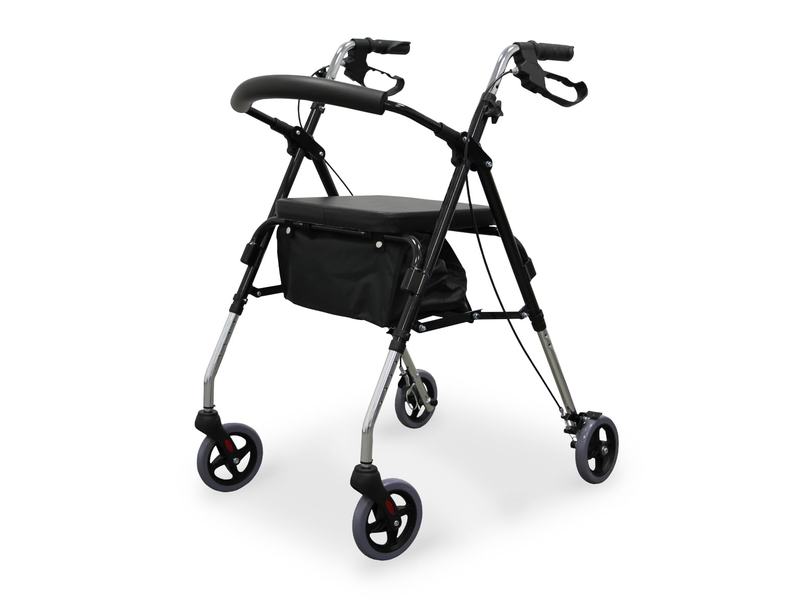 WELLCORE Andador Plegable de Aluminio Ligero con Asiento, Respaldo Acolchado de Polipiel y Bolsa Portaobjetos, Andador de 4 Ruedas con Frenos de Maneta y Altura Regulable, Color Negro