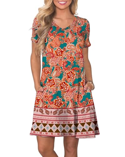 Image of COSSEN Women's Casual T Shirt Dress V-Neck Short Sleeves Swing Dresses Birthday Party Summer Travel Beach with Pocket