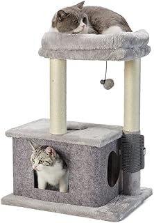 MECOOL Cat Tree,Scratching Posts with Condos Cats Tower Beds and Dangling Ball Toys,Massage Brush 5in1 Multi-Purpose for Indoor Kittens and Cats(Gray)