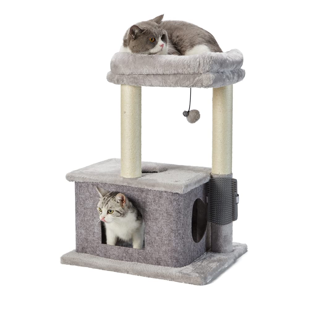 MECOOL Cat Tree,Scratching Posts with Condos Cats Tower Beds and Dangling Ball Toys,Massage Brush 5in1 Multi-Purpose for Indoor Kittens and Cats(Gray)