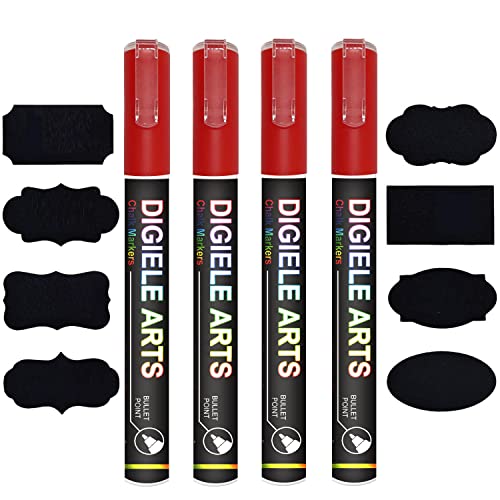 DIGIELE Kreidestift Rot, 4 Stücke Rot Kreidestifte 3mm + 16 Tafel Labels, Reversibel Dünne oder Mittlere Spitze, Trocken oder Feucht Abwischbare Flüssigkreide für Whiteboard, Tafel, Fenster & Glas