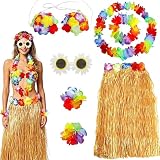 7 Stück Hawaiian Gras Hula Rock Set, Hawaii Kostüm Damen mit Halskette Armbänder Haarblume, Hawaii Mottoparty Kostüme Set, Hawaiian Hula-Bassrock für Strandparty, Sommerfest, Karneval