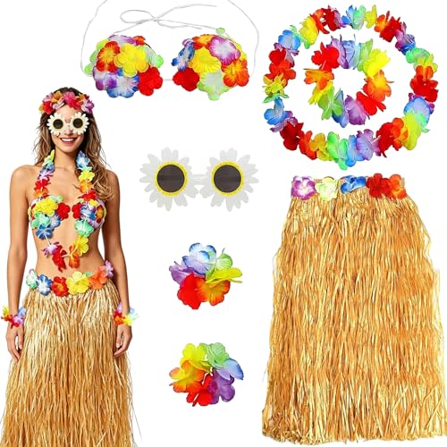 Ntwdby 7 Pièces Costume de Hula Hawaïen, Ensemble de Jupe Hawaïenne, avec Collier de Fleur Guirlande Bracelet Lunettes de Soleil, Hawaiian Herbe Hula Jupe,...