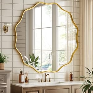 Round Wavy Mirror – 30 Inch Bathroom Vanity Mirror Metal Frame Circle Wall Mounted Mirror for Bedroom Living Room Entryway, Gold