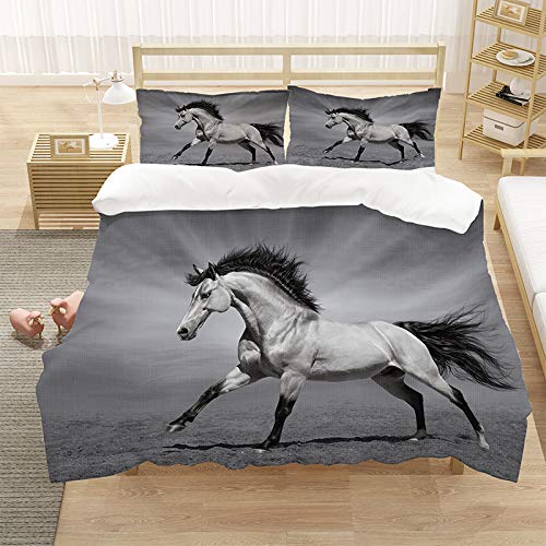 Funda Nordica Cama 90 Infantil Gris Animal Caballo Adolescente, Funda de Edredón de Microfibra con Cremallera, Juego de Ropa de Cama con Fundas Nordicas 135x200 + 2 Funda de Almohada 50x75 cm
