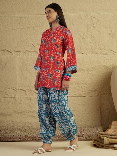 Image of EthnicJunction Women's Linen Floral Print Summer Wear Straight Short Kurti with Afghani Pant Set | Co Ord Set for Women Stylish | Fusion wear Women