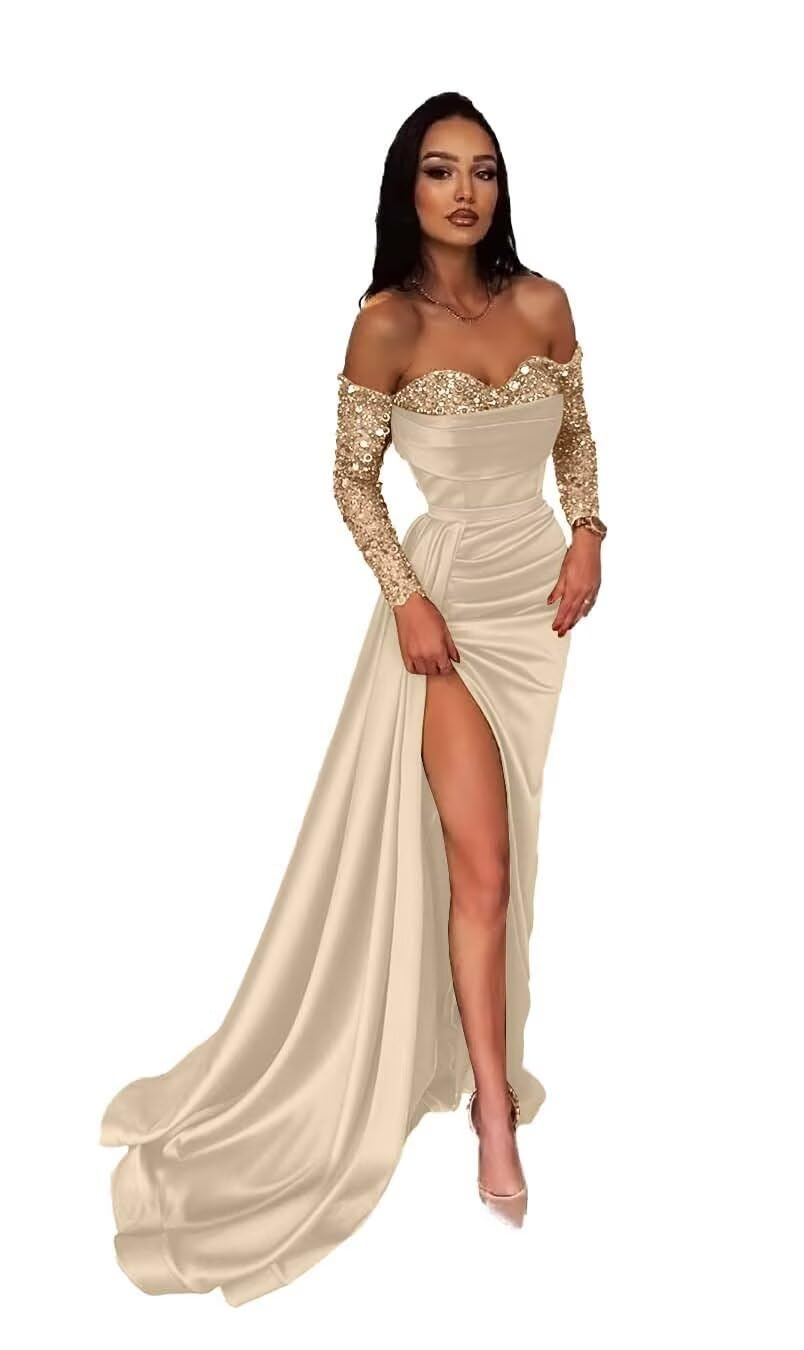 Strapless Mermaid Prom Dresses for Women 2025 Long Sleeve Sweetheart Sparkly Formal Evening Party Gowns with Slit GL0004