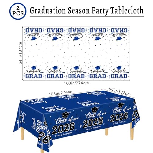 Image of Oigco 2026 Graduation Decorations, 2 Pack Blue Graduation Tablecloths Class of 2026, Congrats Grad Plastic Rectangle Table Cloths for Graduation Party Decorations, 54 x 108 Inch