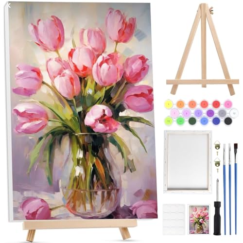 BOWETILE Flores Rosadas Pintar por Numeros Adultos Niños Principiantes con Marco&Caballete de Madera, Kit Cuadros para Pintar por Numeros, Pintura Acrilica Manualidades Adultos para Decoración 20x30cm