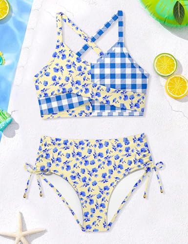 Image of Teen Girls Swimsuits V-Neck Bikini Set Bathing Suits Cross Straps Two Piece Swimwear with Drawstring