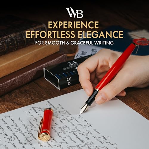 Image of Wordsworth & Black Luxury Fountain Pen Set for Writing, Fine Nib, Red | Gift for Men & Women, Brass Body, 18K German Iridium, Calligraphy, Converter + 24 Ink Cartridges, Refillable, Leak-Free
