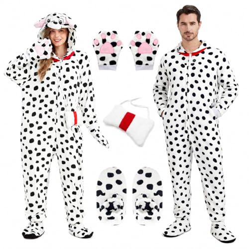 Hislovy Déguisement de Chien Dalmatien pour Adulte Homme Femme, Dalmatien Onesie Costume pour Halloween Carnival, Blanc, XL