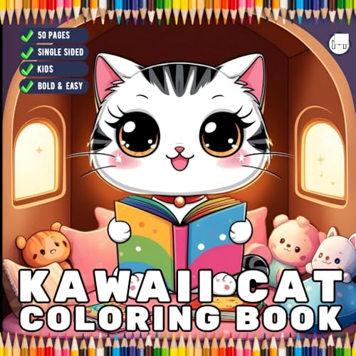 Cute Kawaii Cat Coloring Book for Kids Boys Girls Teens Youth Stress Relief Relaxation Coloring Book 50 Pages Single Sided Kawai