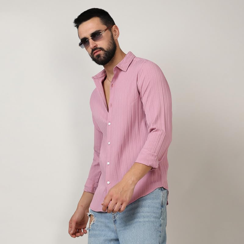 Image of CAHOOT Men's Self-Design Striped Shirt for Casual Wear | Spread Collar | Long Sleeve | Button Closure | Shirt Crafted with Comfort Fit for Everyday Wear