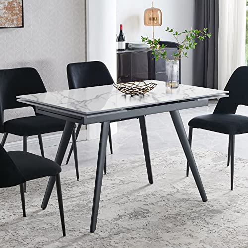 Comfy To Go Extendable Modern Dining Table, White Dining Room Table For 6 Seat With Sintered Stone Tabletop & Metal Legs For Restaurants, Living Room -71" X 32" X 30" Inches #TOP4