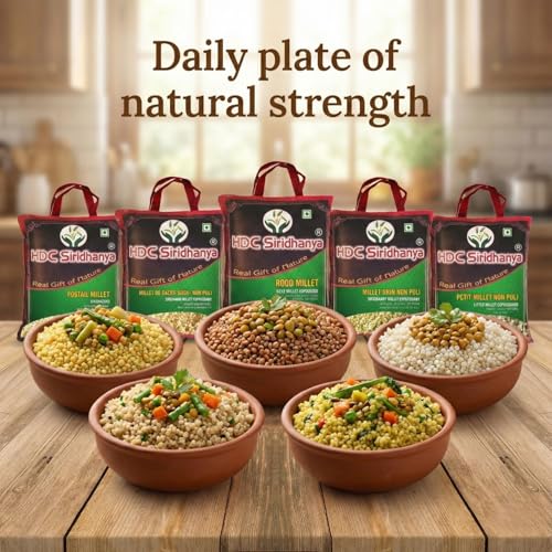 Image of HDC Siridhanya Positive Millets whole grain Combo Pack of 10, Total 9200gm | Little, Foxtail, Kodo, Barnyard & Brown top | 920 g Each Bag, | Vacuum Packed |Unpolished | Gluten free |Vegan| Sourced from Andhra Pradesh