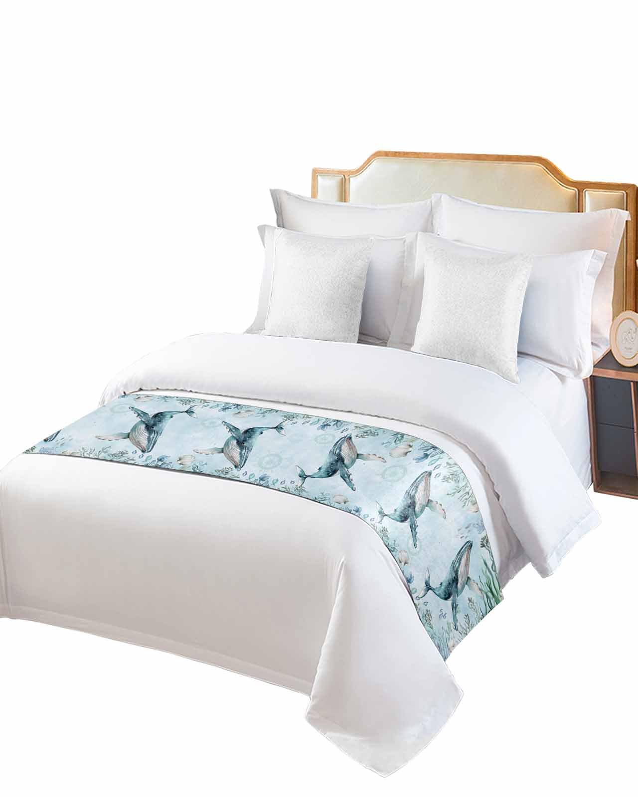 Yukro Bed Runner Scarf, Teal Whale Summer Shell Coral Watercolor Nautical King Bed Scarf Runner, No Fading Decorative Bedding Scarf for Bedroom Hotels Homes and Guestrooms