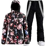 IMPHUT Women's Ski Jackets and Pants Snowboarding Snowsuit Coat Warm Hooded Waterproof Windproof Insulated Pink Flower Black M