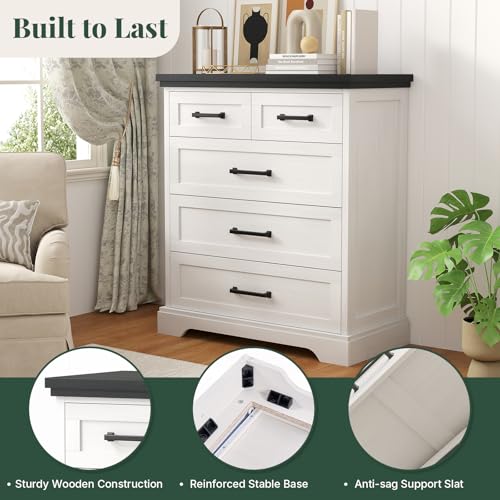 Image of 5 Drawer Dresser for Bedroom, Chest of Drawers with Modern Farmhouse Style, Wood Structure Storage Dresser with Metal Slides, Anti-Tipping Kit and Industrial Decor for Bedroom, Living Room