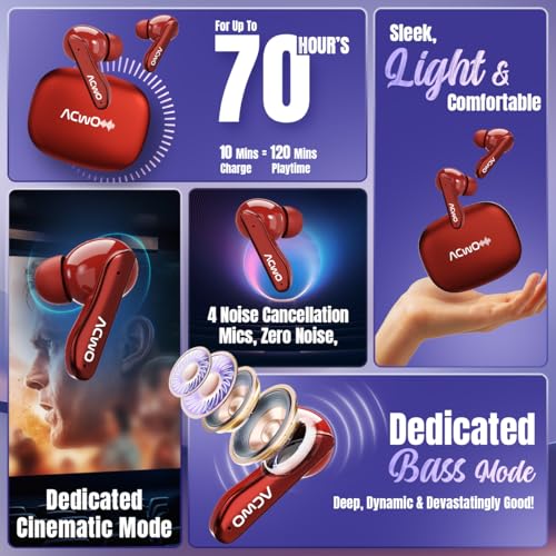 Image of ACwO Dwots 111 in Ear Wireless Earbuds|Up to 75Hrs Battery Life|10Mm Spatial Drivers|Noise-Free Calls with 4 Noise Cancellation Mics|Bluetooth V5.4|Dedicated Cinematic & Bass Mode (Crimson Red)