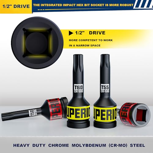 Image of 10 Piece 1 /2 inch Drive Impact Torx Bit Socket Set, T25 - T80, Impact Star Bit Socket Set, CR-MO Steel, Automotive Machinery Repair Bicycle Servicing and Furniture Assembly