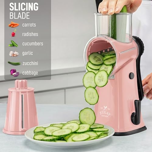 Image of Zulay Kitchen Rotary Cheese Grater 5 Blade Cheese Shredder - Manual Hand Crank Cheese Grater With Reinforced Suction & 5 Interchangeable Drums - Easy to Use, Vegetable Chopper Round Mandoline Slicer