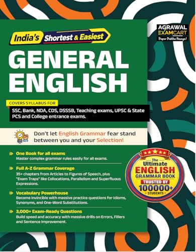 Examcart All Competitive Exams General English Book 2026 | Complete Grammar, Vocabulary & 3000+ Practice Questions | SSC, Bank, NDA, CDS, Agniveer, DSSSB, UPSC, PCS, Police & Teaching Exam (English)