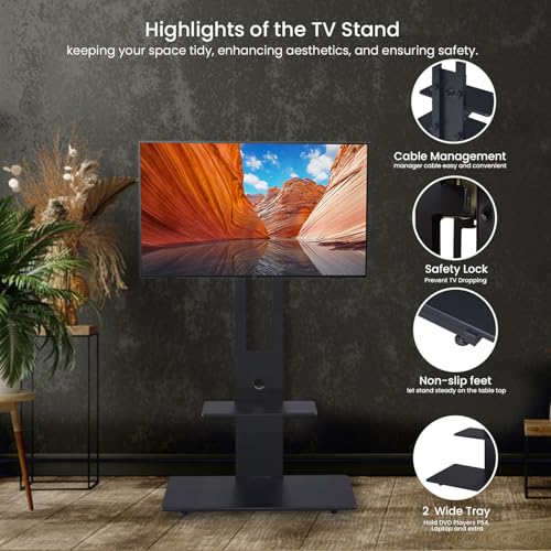 Image of Height Adjustable Floor TV Stand for 32-55 Inch LED Smart TVs, Sleek Black Wood & Metal Design, Universal TV Stand for Living Room and Bedroom, Square