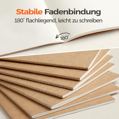Foliom 5er Notizbuch A5 Blanko - Kraftpapier Notizheft mit Fadenbindung - 60 Seiten (80g/m²) Beiges Papier - Skizzenheft Klein Flachliegend für Schule, Büro & Reise