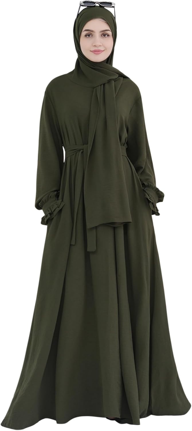 Women Muslim Dress Middle East Arabian Robe Islamic Modest Dress with Hijab Scarf Lace Sleeve Flowy Abaya Dress