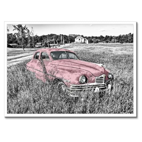 Poster voiture rose vintage 70x50 cm avec cadre noir pour salon
