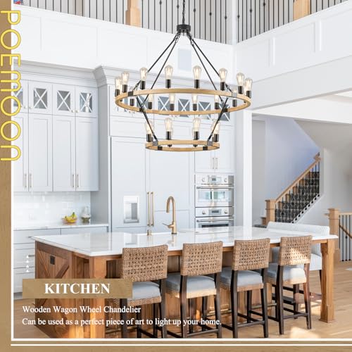 Image of Natural Wooden Wagon Wheel Chandelier 24-Light 43.3 inch Light Fixture