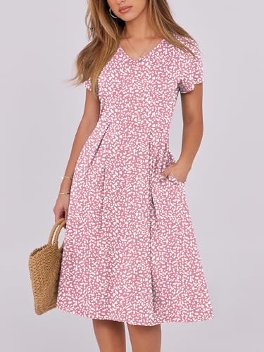 Image of ANRABESS Women Summer Dress Casual Short Sleeve V Neck A-Line Knee Length Pleated Flowy 2026 Fashion Midi Dresses with Pocket