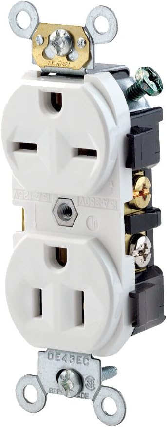 15 Amp, 125/250 Volt, Narrow Body Duplex Receptacle, Straight Blade, Commercial Grade, Self Grounding, Dual Voltage, 5031-W, White