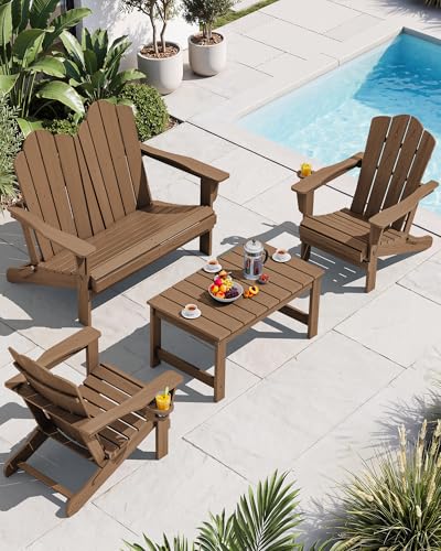 Image of SERWALL 4-Pc HDPE Adirondack Set, 2 Chairs, 1 Bench & 1 Coffee Table, Brown