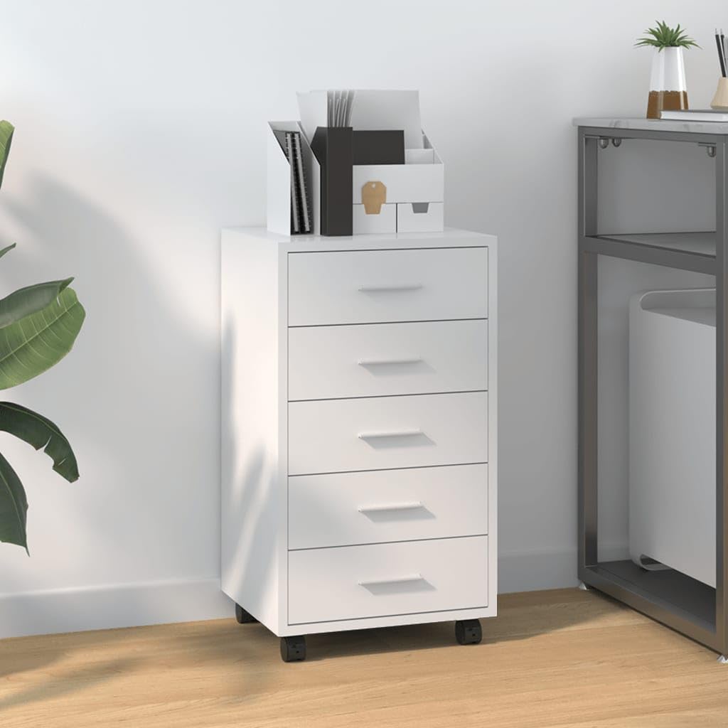 Cassettiera moderna con 5 cassetti e ruote – Cassettiera da ufficio in legno con soluzione flessibile per documenti e cancelleria