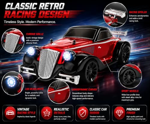 Image of 1:16 RC Drift Car 4WD High-Speed Remote Control Vintage Racing Car with 2.4 GHz Steering Controller, LED Lights, Rechargeable Battery, 35 km /h Toy Car for Kids Adults
